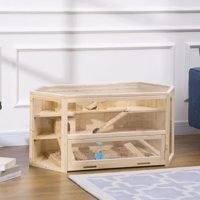 Scaffale Outsunny a tre livelli in legno per piccoli animali con tetto apribile, marrone e beige, L: 115 cm, P: 60 cm, H: 55 cm