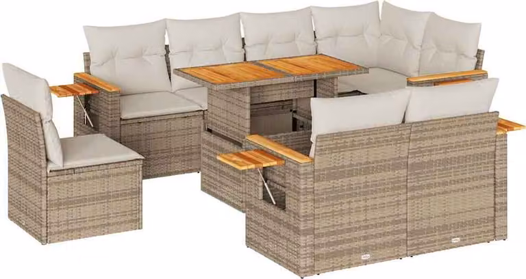 Set Divano da Giardino 9 pz con Cuscini Beige Polyrattan Acacia