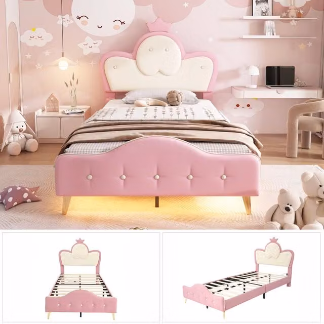 Letto imbottito per bambini 90x200 cm con testiera a onde e corona; LED caldo e rivestimento in PU rosa e bianco
