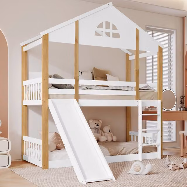 Letto a castello 90 × 200 cm con scala, scivolo e finestra, senza materasso, legno massiccio bianco naturale