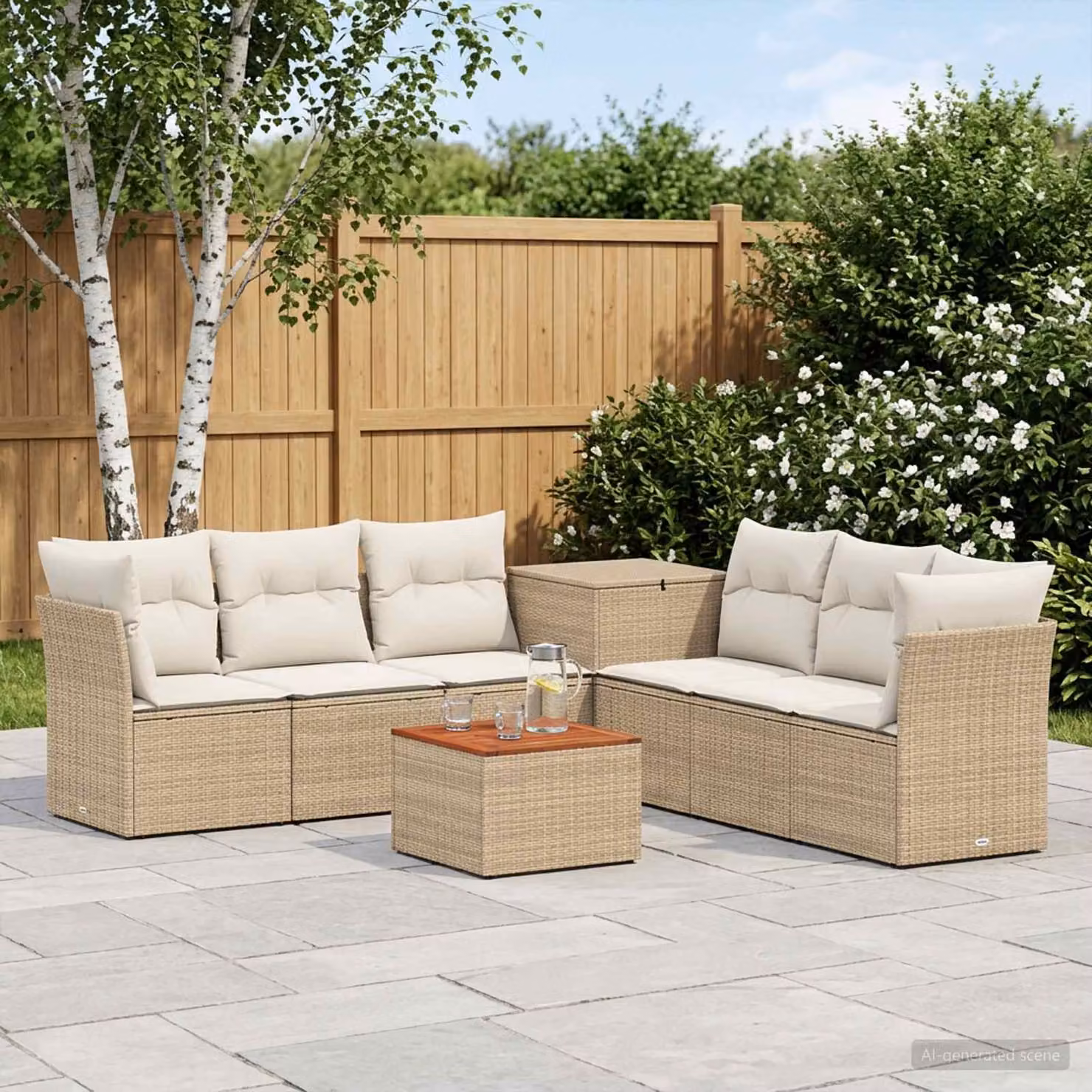 Set di divani da giardino vidaXL in polyrattan beige e bianco crema con tavolo da caffè e cuscini inclusi