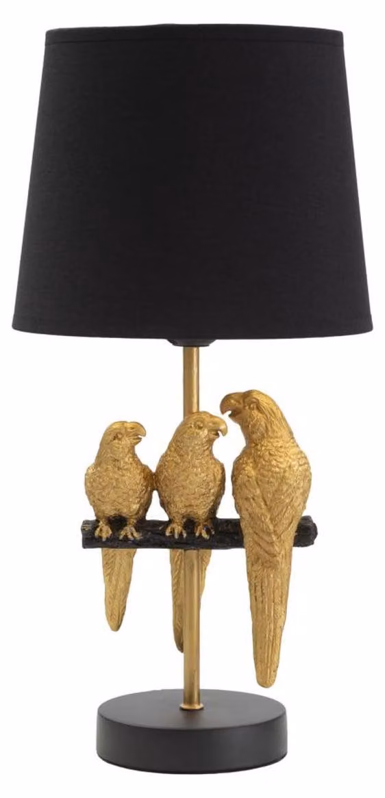 Lampada da comodino Pappagallo in resina dorata con paralume in tessuto nero