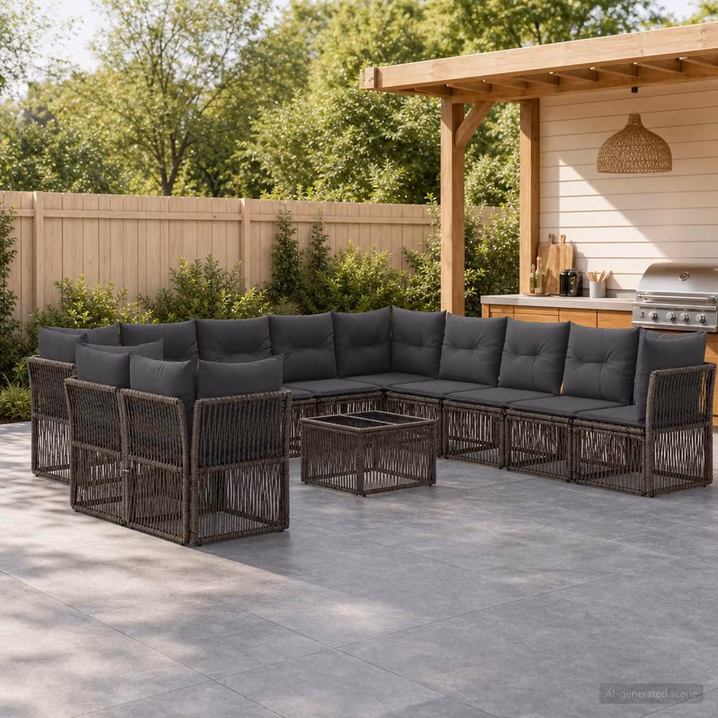 Set Divano da Giardino a Forma di U vidaXL in Polyrattan Grigio con Tavolino e Cuscini Imbottiti