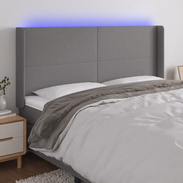 Testiera con LED e porta USB vidaXL in tessuto grigio, L: 203 cm, P: 16 cm, H: 118/128 cm