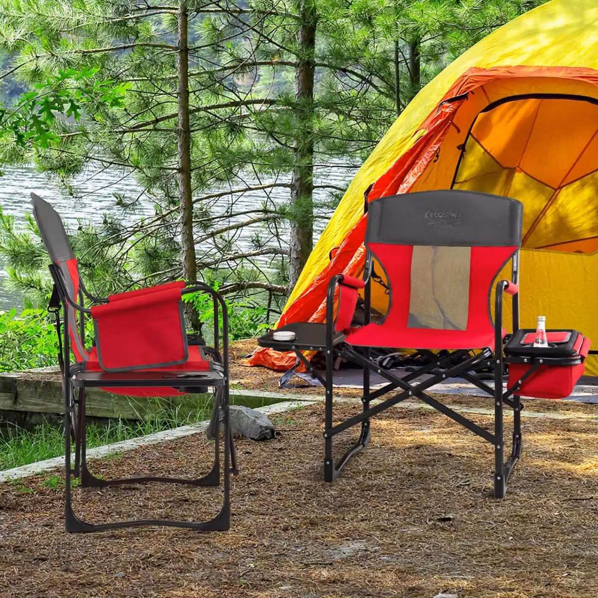 Sedia da campeggio pieghevole Costway con tavolino, borsa frigo e borsa portaoggetti, modello da regista robusto in rosso
