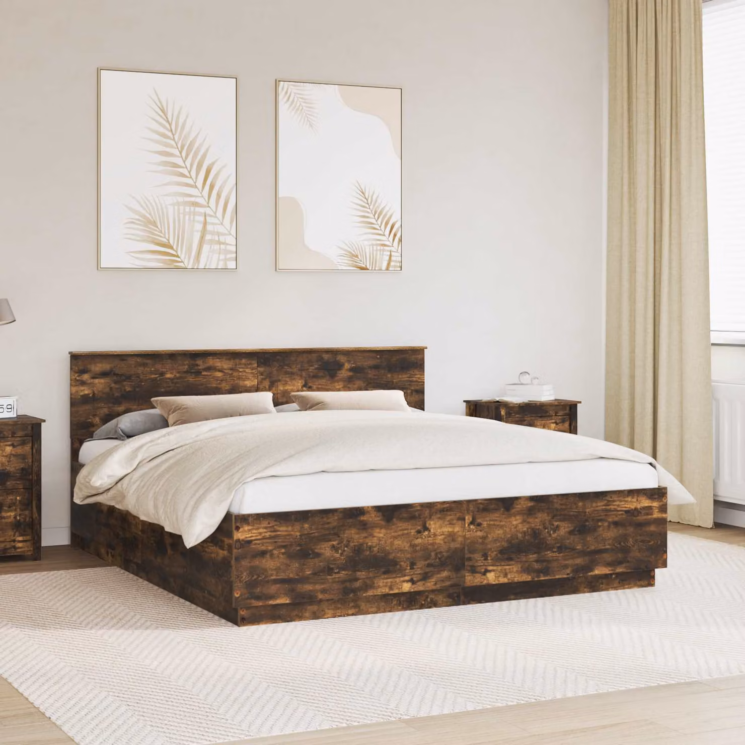 Struttura del letto vidaXL in legno Rovere fumé con strisce LED e porte USB, 200 x 200 cm