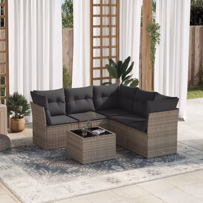 vidaXL Set Divano da Giardino a L 6 pz con Cuscini e Tavolino in Polyrattan Grigio