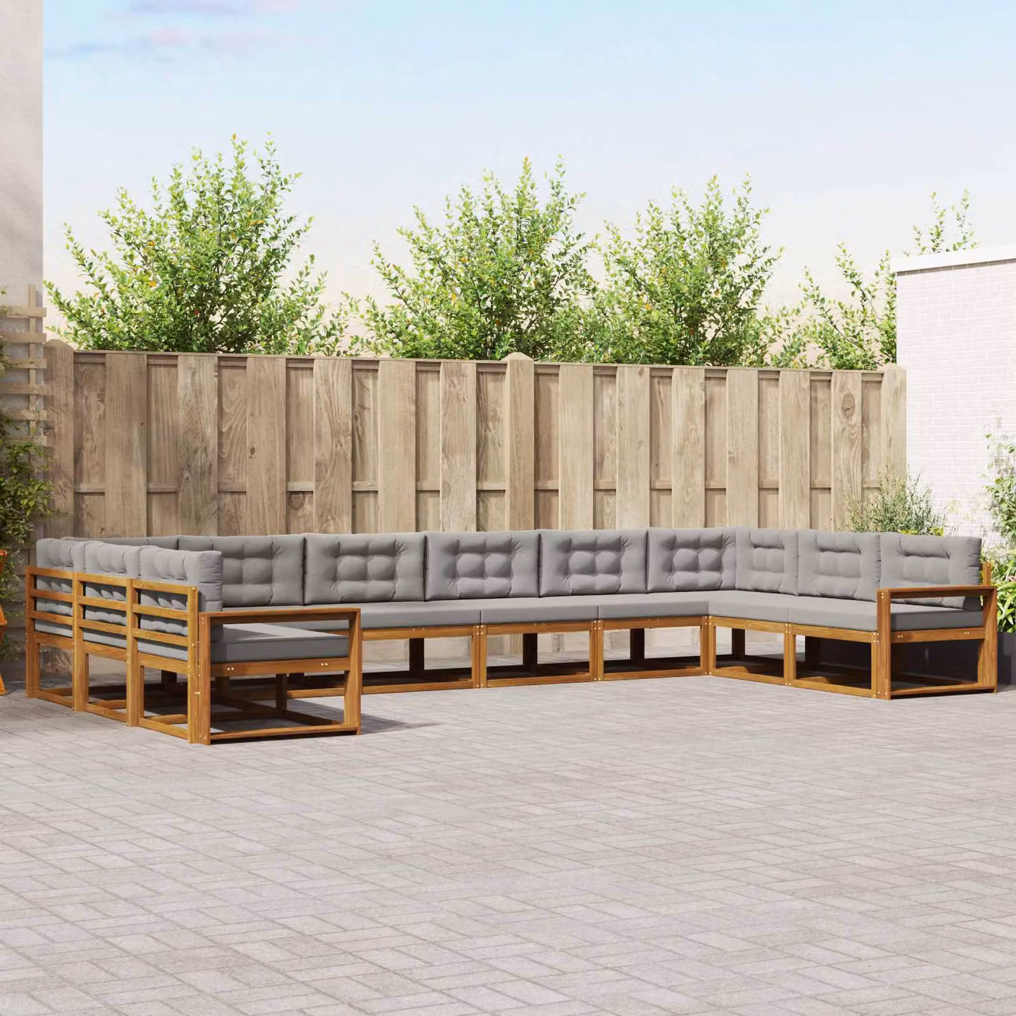 vidaXL Set di divani da esterno a forma di U in legno di acacia con cuscini, 10 pezzi, Beige, Grigio e Marrone