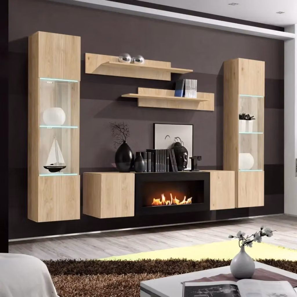 Composizione murale FLY Meublorama in Rovere chiaro con vetrine LED, scaffali e mobile TV con camino bio-etanolo, L: 260 cm, H: 170 cm, P: 40 cm – 2