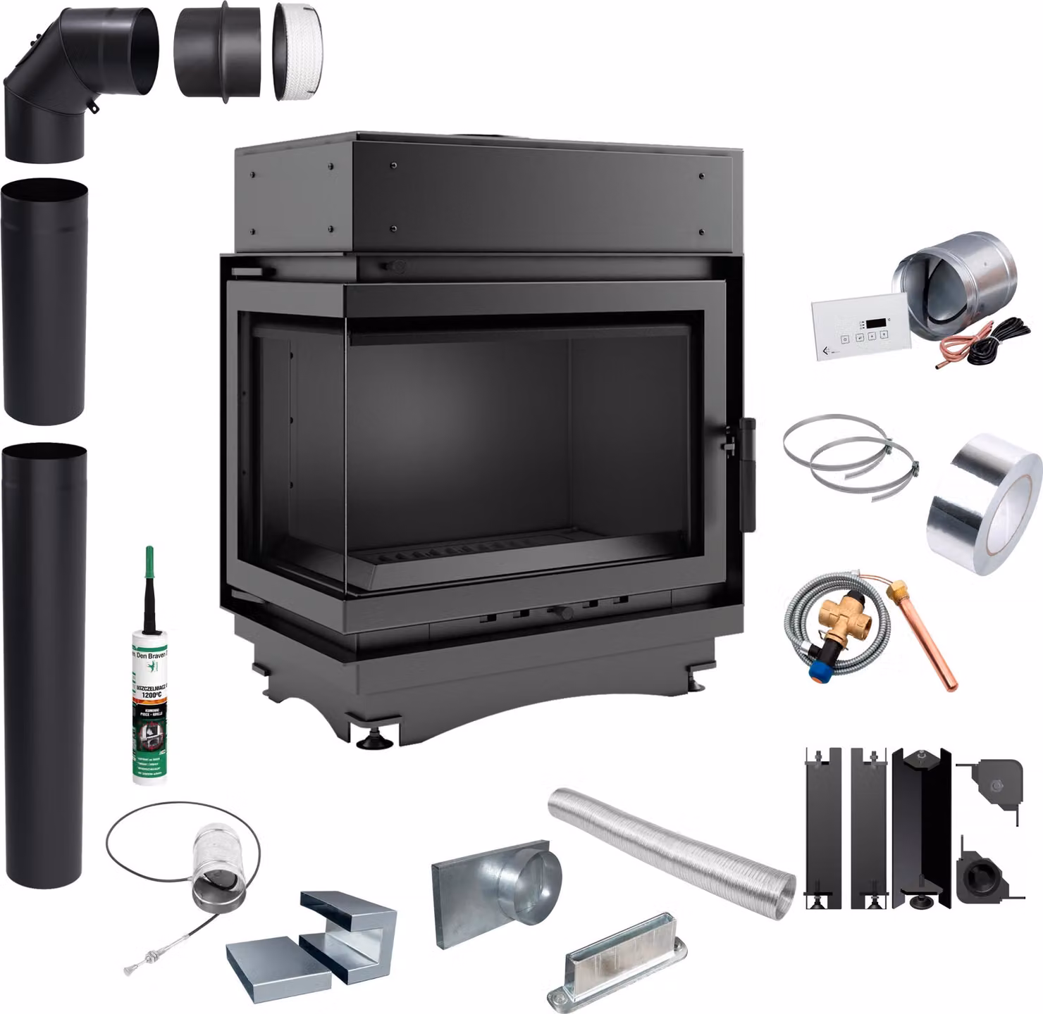 Caminetto ad angolo ad acqua KRATKI MAJA Sinistra 8 kW ∅180 Kit di montaggio incluso