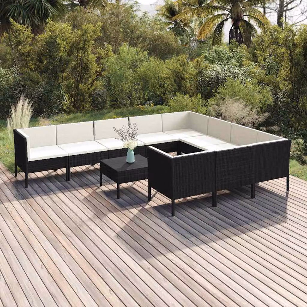 vidaXL Set Divani da Giardino 11 pz in Polyrattan Nero con Cuscini e Struttura in Acciaio
