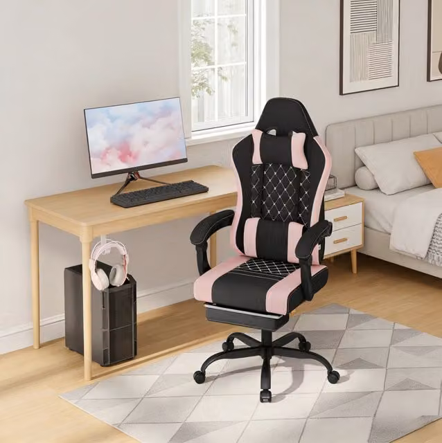 Sedia da ufficio ergonomica moderna con poggiatesta, braccioli e base girevole a 360 gradi disponibile in nero o rosa