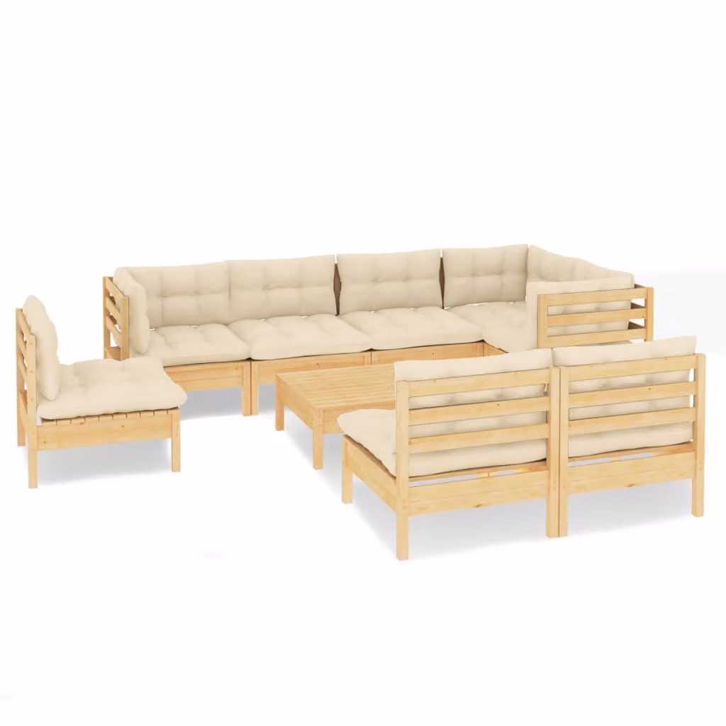 Set Divani da Giardino 9 pz con Cuscini Crema Massello di Pino