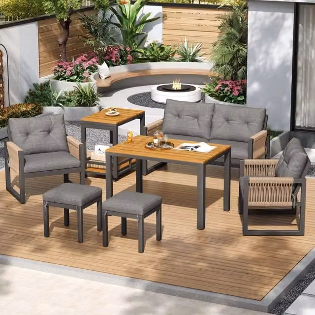 Set Divano da Giardino Minimal in Metallo Grigio con Cuscini, Poltrona, Ottoman e Tavolino da Caffè – 1