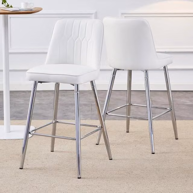 Set di 2 sgabelli da bar MINIMAL in ecopelle bianca con struttura in metallo argento e poggiapiedi, Altezza: 100 cm