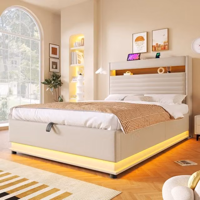 Letto matrimoniale 140 × 200 cm con vano idraulico, LED regolabili, USB e Type-C, senza materasso, in lino beige