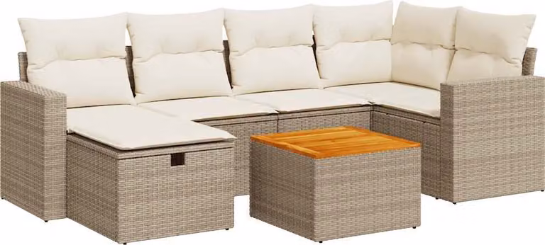 Set Divani da Giardino 7 pz con Cuscini Beige in Polyrattan