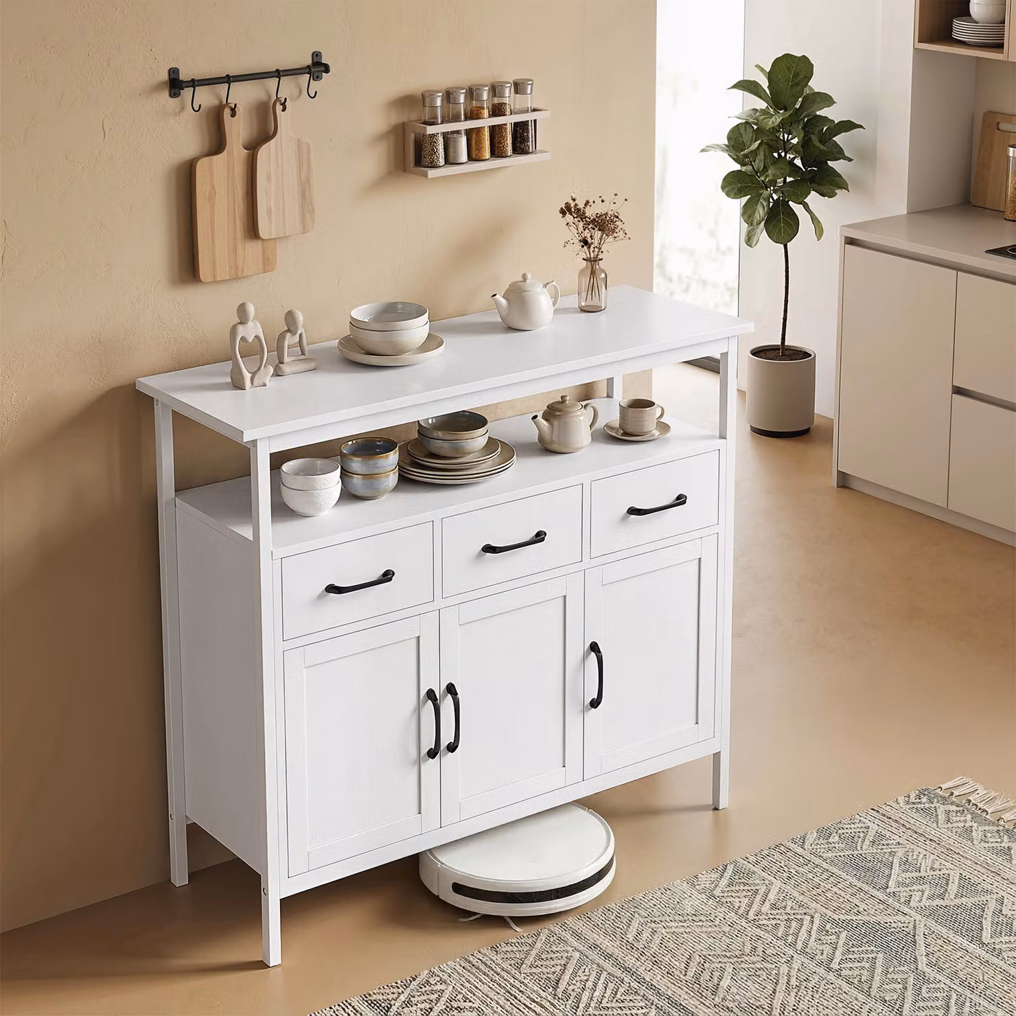 Buffet cucina moderno HOMCOM con 3 porte, 3 cassetti e ripiani regolabili, Bianco, L 95 x P 35 x H 88 cm – 2