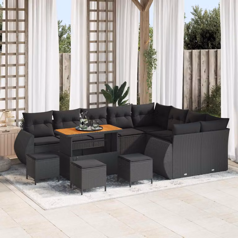 Set Divano da Giardino vidaXL 13 pz in Polyrattan Nero con Cuscini e Tavolino