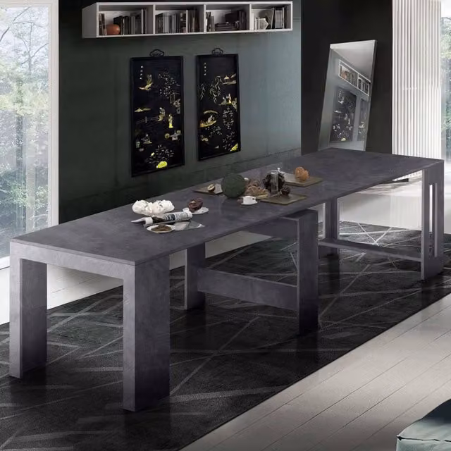 Tavolo da pranzo Anello, Made in Italy, Consolle allungabile fino a 12 posti, con portallunghe, cm 51/300x90h77, Grigio Ardesia