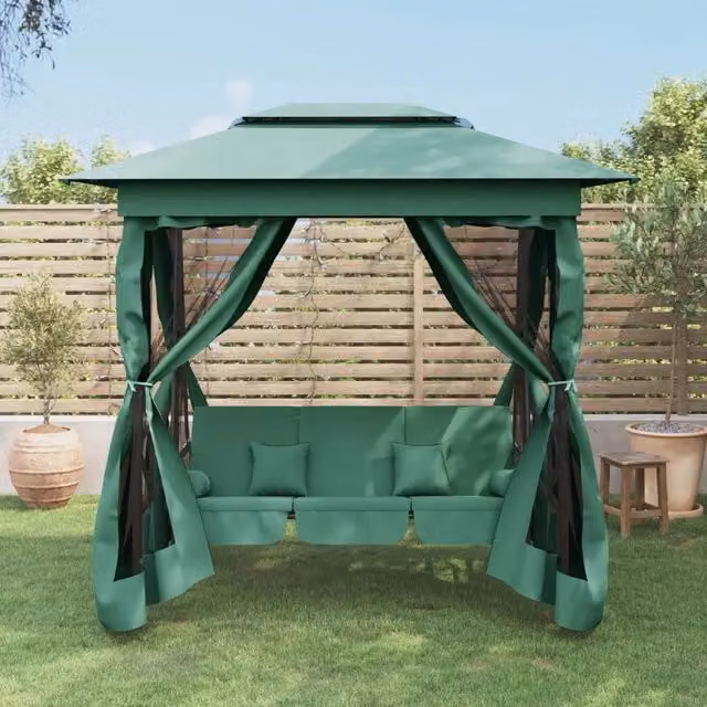 Gazebo vidaXL con Panca a Dondolo Convertibile in Letto, Colore Verde, Acciaio Verniciato e Tessuto Resistente ai Raggi UV – 1