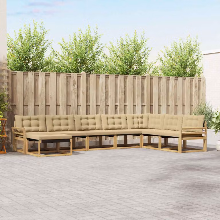 Set di divani da esterno vidaXL a forma di L composto da 8 pezzi in legno di acacia con cuscini bianchi e beige