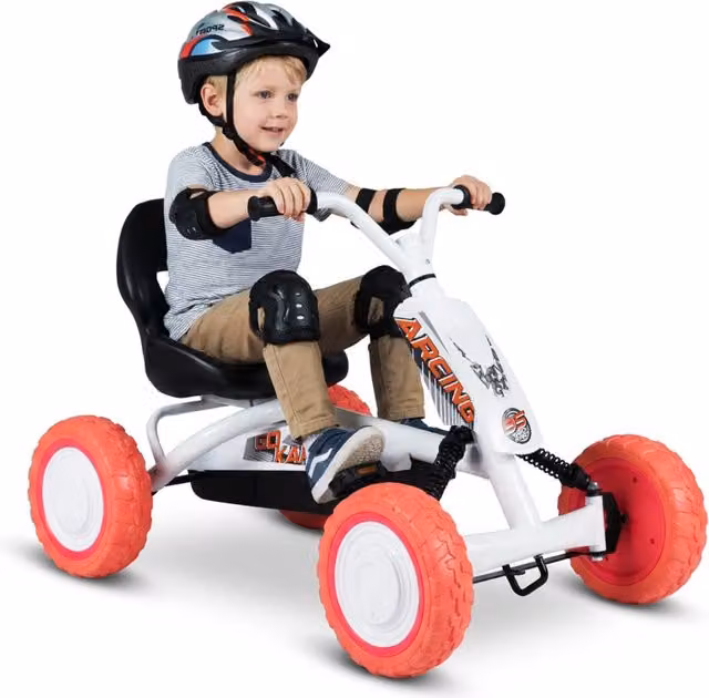 Go kart a pedali per bambini con sedile regolabile e telaio in metallo, veicolo da gioco a 4 ruote per ragazzi, Bianco – 1