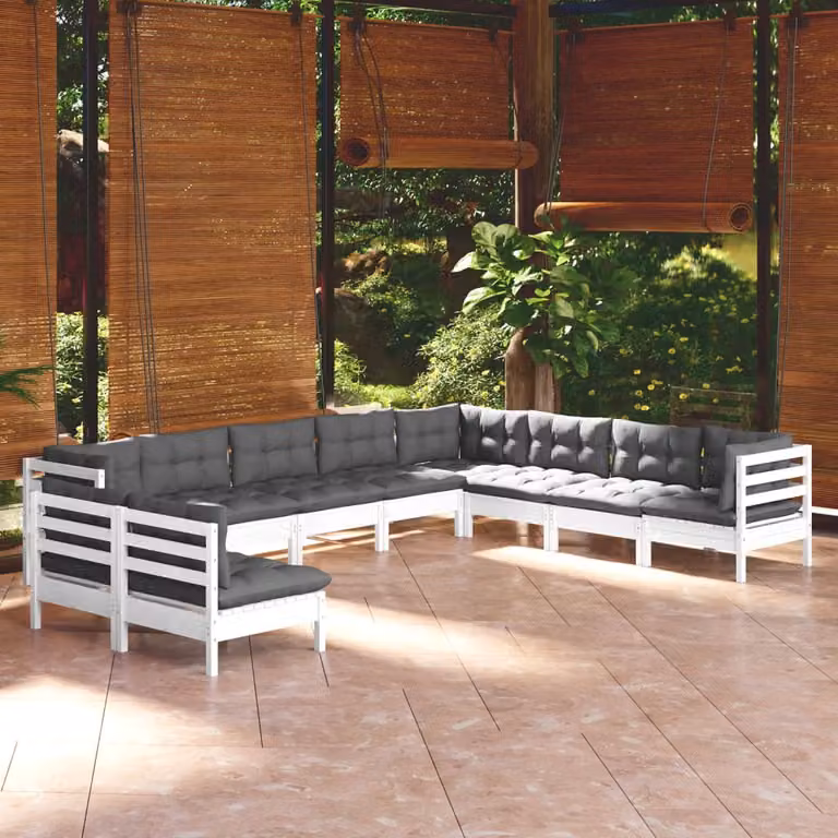 The Living Store Set salotto da giardino 10 pezzi con cuscini in legno di pino massiccio bianco