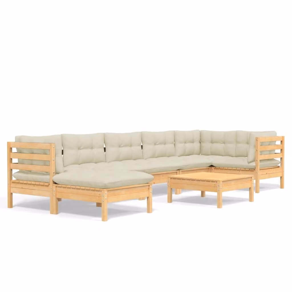 Set Divani da Giardino 8 pz con Cuscini Crema in Massello di Pino