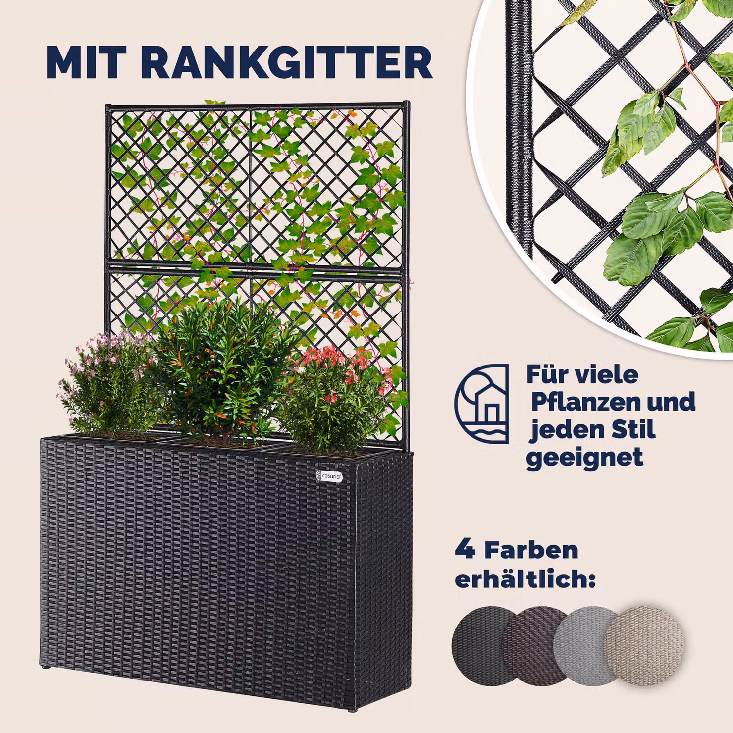 Fioriera con traliccio Casaria® in polyrattan e acciaio, colori nero, marrone, grigio o beige, H: 146 cm, L: 83 cm, P: 30,5 cm – 3