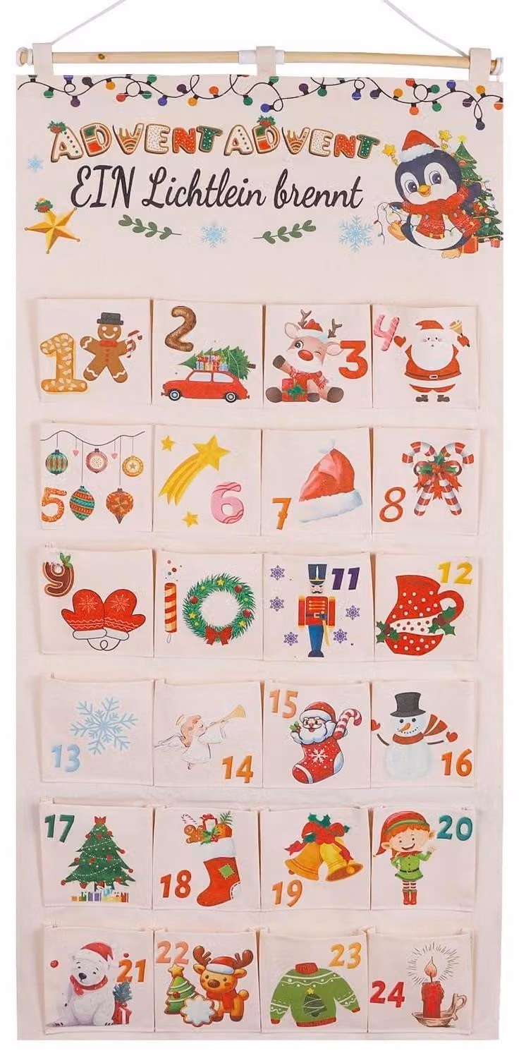 Calendario dell'Avvento riutilizzabile, realizzato in tessuto, composto da 24 sacchetti di stoffa, dimensioni 105x50 cm