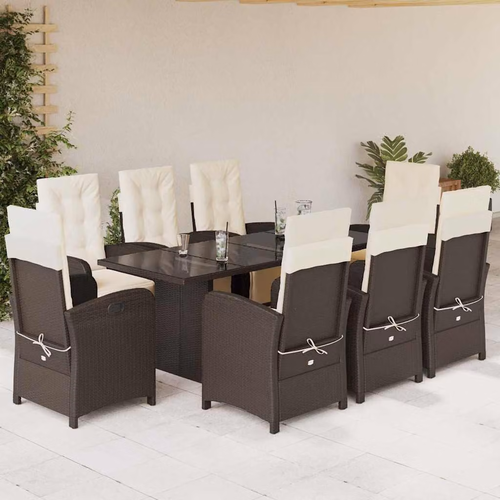 Set da Pranzo da Giardino vidaXL 9pz in Polyrattan Marrone con Cuscini e Tavolo in Vetro – 1