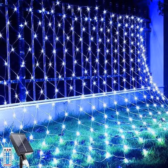 Spiaggia solare a LED con 96 luci LED, 8 modalità, impermeabile, telecomando, timer, 1,5 x 1,5 m, blu
