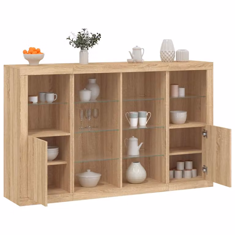 Set di 3 credenze moderne vidaXL con luci LED integrate in legno MDF color rovere, montaggio a parete