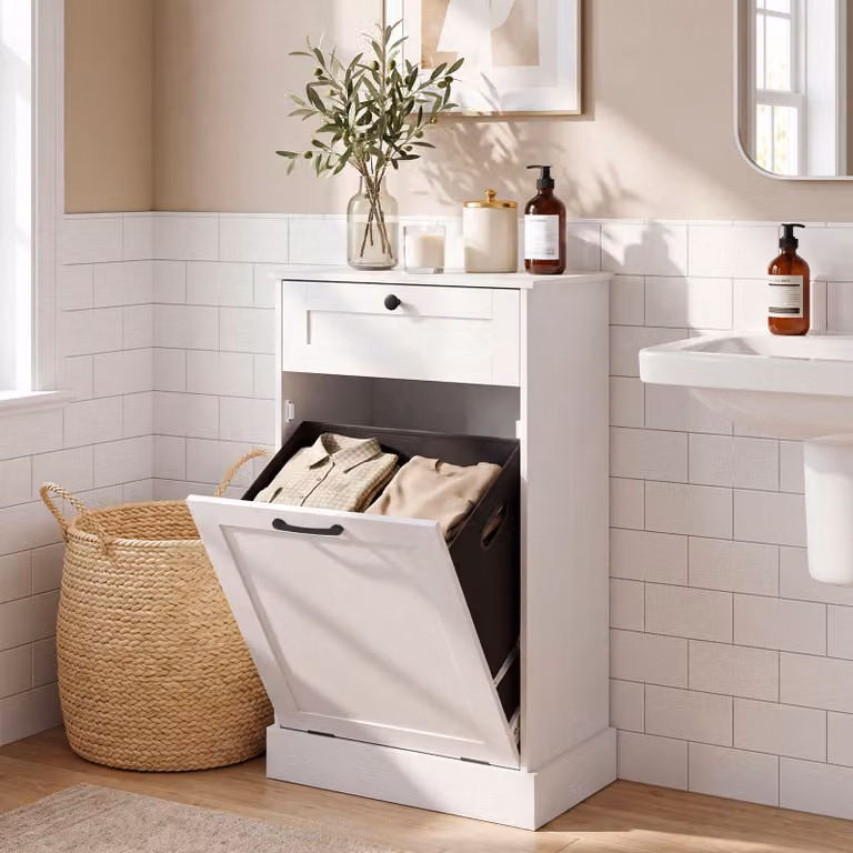 Cesto portabiancheria Costway con cassetto, sacco rimovibile e porta inclinabile, mobile per bagno e lavanderia Bianco