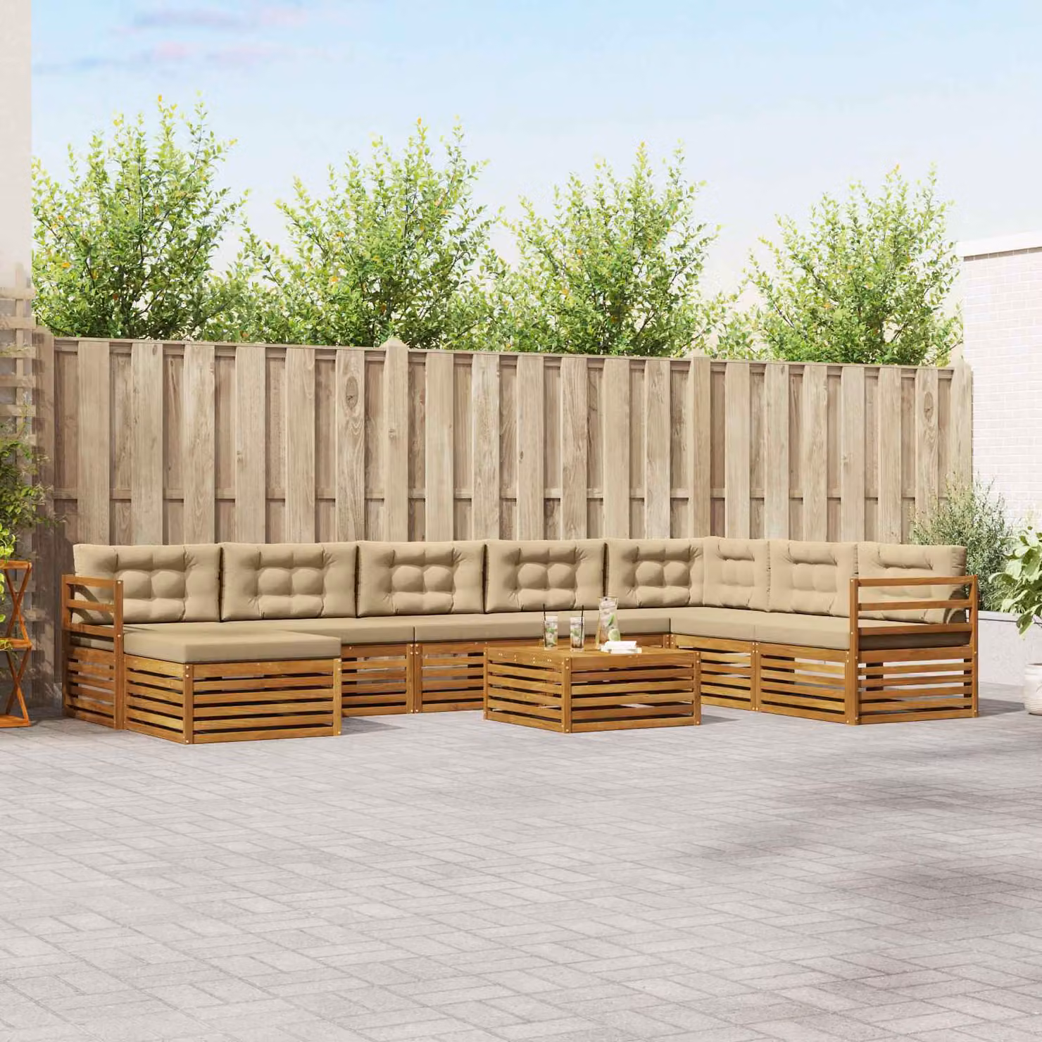 vidaXL Set di divani da esterno 9 pz in legno di acacia con cuscini, Beige e Marrone