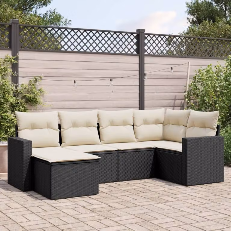 Set Divano da Giardino vidaXL 6 pz a Forma a L con Cuscini, Colore Nero e Bianco, in Polyrattan con Struttura in Acciaio Verniciato a Polvere