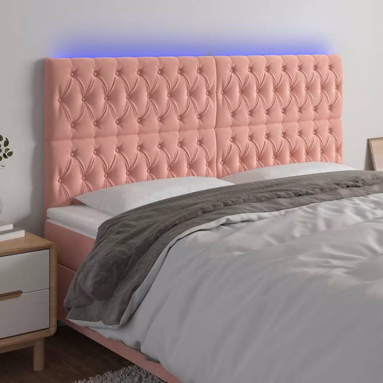 Testiera con LED e porta USB vidaXL in velluto rosa, L: 180 cm, P: 7 cm, H: 118-128 cm
