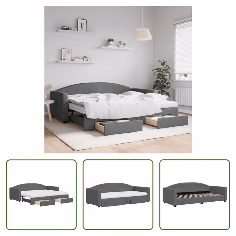 The Living Store Letto da giorno allungabile con cassetti grigio scuro 90x200 cm in tessuto