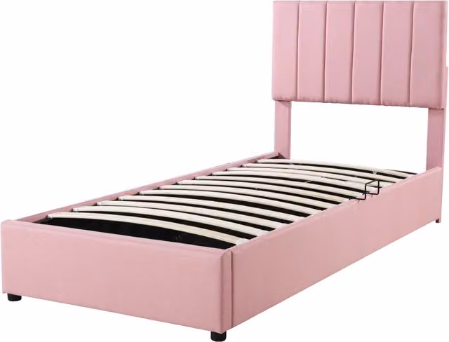 Letto contenitore singolo 90x200 cm in tessuto effetto lino con testiera regolabile; rosa