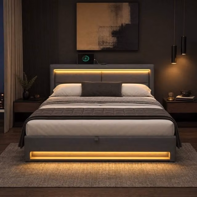 Letto imbottito 160x200 cm in PU grigio con USB; LED e contenitore