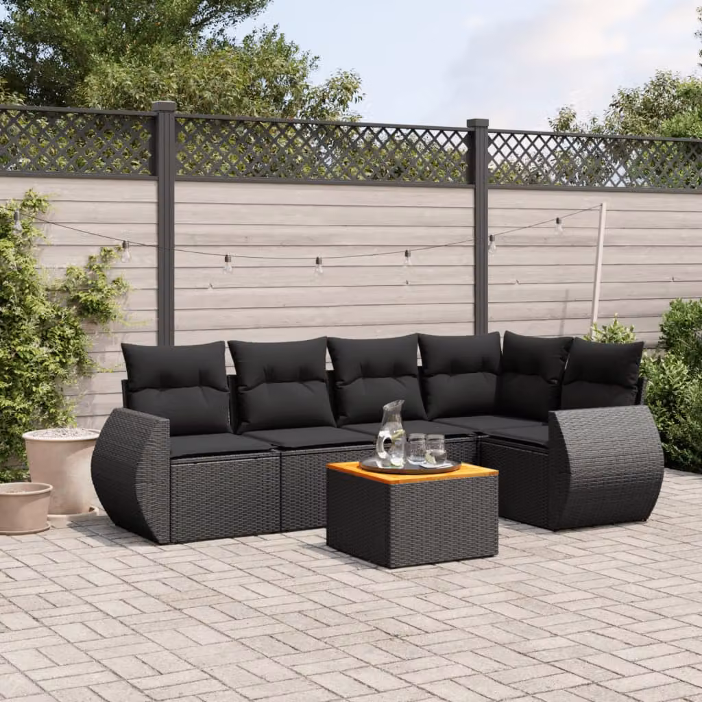Set Divano da Giardino vidaXL 6 pz a L in Polyrattan Nero con Cuscini e Tavolino – 1