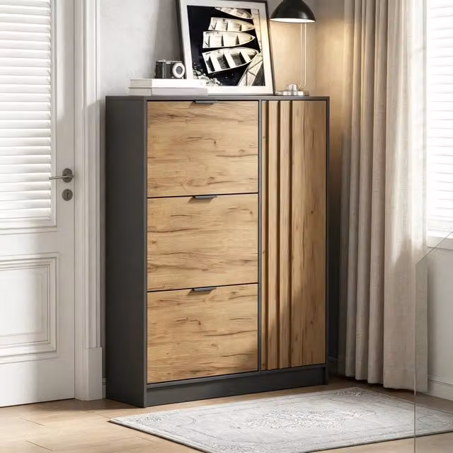Scarpiera moderna OKWISH per ingresso con 3 ante a ribalta e vano con sportello, in MDF, naturale e nero, L/P/H: 100 x 30 x 130 cm – 1