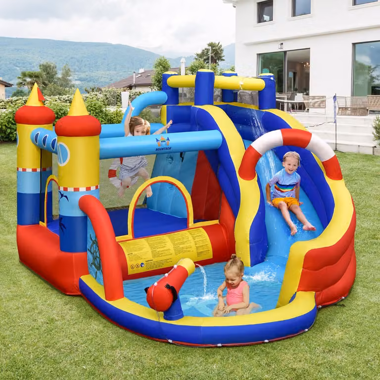 Costway Parco acquatico 6 in 1 multicolore con scivolo curvo e torre di gioco a forma di nave per bambini