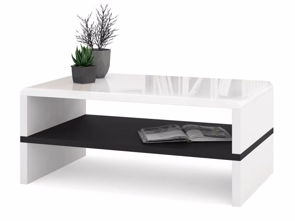 Tavolino All4All Riva, piccolo tavolino da caffè, tavolino per il soggiorno, tavolino da divano con ripiani, tavolino da divano, dimensioni 100x60 cm, modello 05, bianco lucido + nero