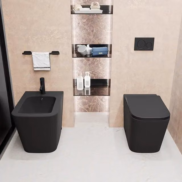 Sanitari filomuro in ceramica rimless nero opaco vaso bidet e copriwc soft-close | Londra
