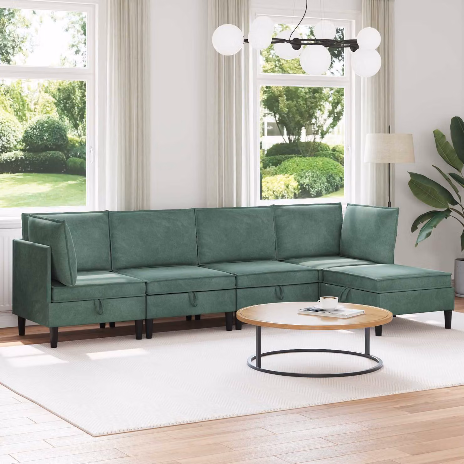 Set di mobili per il soggiorno vidaXL composto da 5 pezzi in velluto verde con divano angolare a forma di L, divano a 2 posti, elemento d'angolo e pouf coordinato