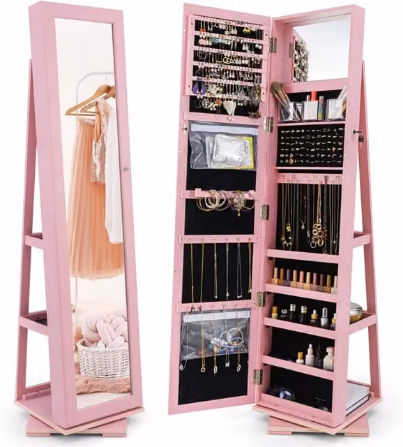 Armadio portagioielli girevole a 360¡ã con specchio, Organizer gioielli 2 in 1 a figura intera Rosa