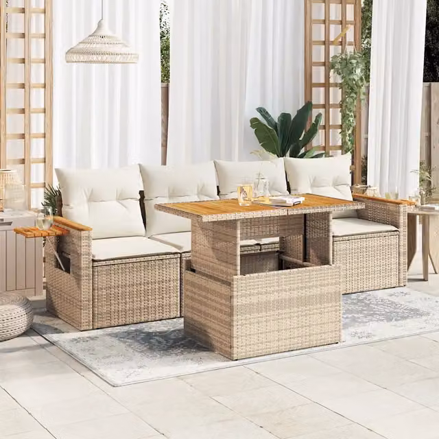 Set da giardino vidaXL in polyrattan e legno di acacia con cuscini beige e tavolino da esterno