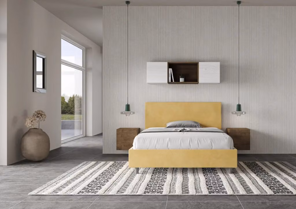 Letto una piazza e mezza contenitore imbottito BS COM in microfibra colore ocra L: 130 cm, P: 210 cm – 2